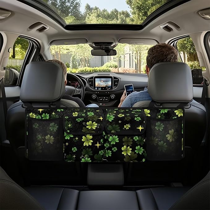 St. Patrick Day Car Trunk Organizer Green Leaves Car Storage Organizerfor SUVs & Sedans Hanging Back Seat Car Organizer