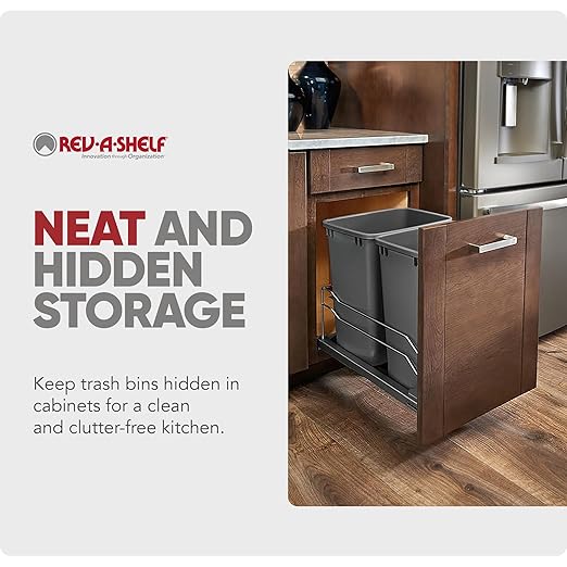 Rev-A-Shelf Double 35 Qt Pullout Trash Cans with Soft-Close for Under Kitchen Cabinets, Min Opening Width of 14.5", Orion Gray, 53WC-1835SCDM-213