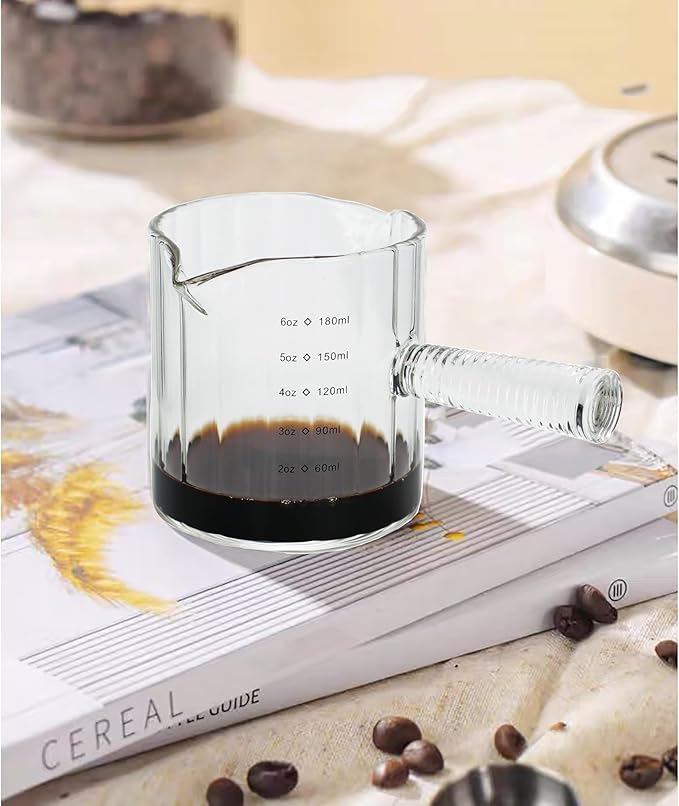 Glass Espresso Cup 6 OZ, Double Shots Measuring Cup with Glass Handle for Dishwasher Safe, Double V-Shaped Spout Milk Frothing Pitcher, Espresso Accessories for Machine, Demitasse Cups (Clear)
