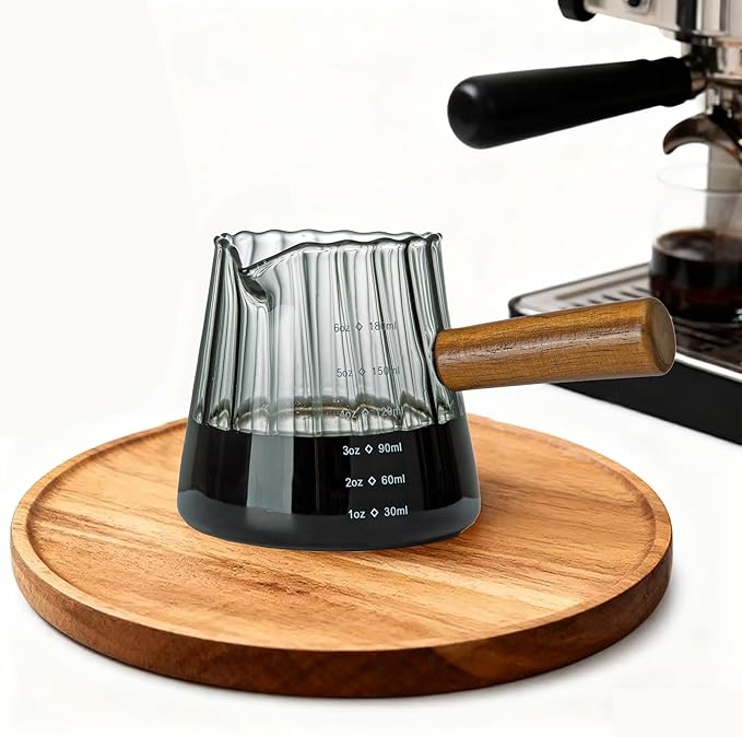 FANTESTICRYAN 6OZ Measuring Cup, Ribbed Borosilicate Glass Espresso Cup, V-Shaped Spout Drain Espresso Double Shots, Coffee Milk Tea Accessories (Dark Gray, Wood Handle)