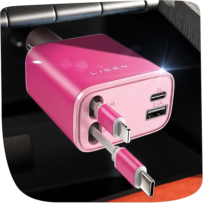 LISEN Retractable Car Charger Adapter for iPhone 17, Fast Charging Car Phone Charger, 84W USB C Car Truck Accessories, Road Trip Essentials Pink Accessories for Men Women for iPhone 17 16 15 14 13 12