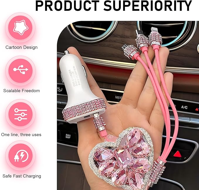 Car Retractable Multi Charging Cable, 3 in 1 Fast Charger Cord, Camellia Patterned/Heart-shaped Diamond-studded Car Charger Cable, Stylish for Women, Compatible with Phone, Tablets (Pink)
