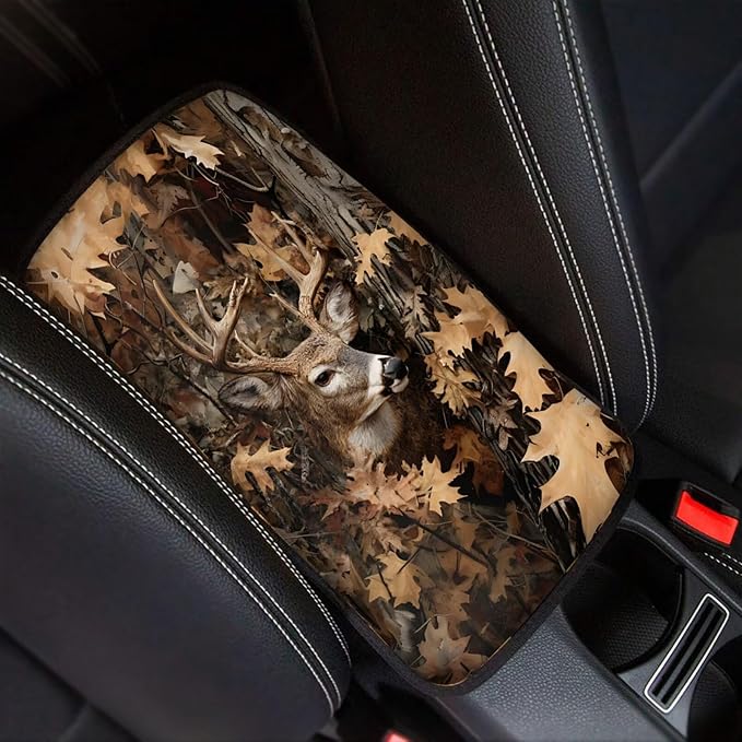 Camo Hunting Deer Car Center Console Cover Soft Protector Armrest Console Cover Car Center Console Cover Accessories Universal Fit Most Cars Women Men