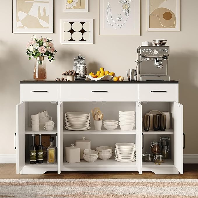 Farmhouse Modern Buffet Sideboard Cabinet with 3 Drawers, 55" Large Wood Kitchen Storage Coffee Bar Cabinet for Kitchen, Dining Room
