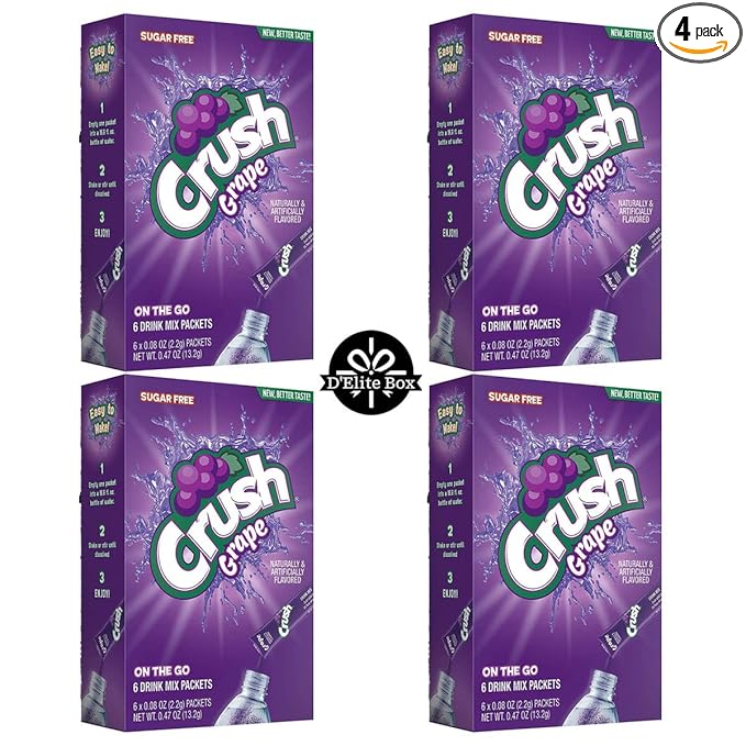 Crush Grape Sugar-Free Powdered Drink Mix 4 Count of 6 packets each for Total 24 Sticks bundle packaged by D'Elite Box