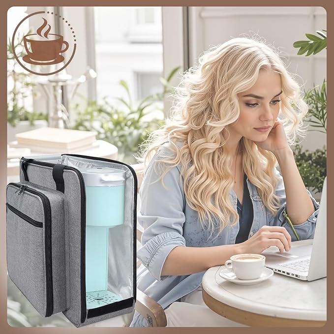 Portable Carrying Coffee Maker Travel Bag Match for Keurig K-Slim/K-Iced Plus, Single Serve Coffee Machine Travel Bag with Padded Shoulder Straps Includes Multiple Storage Bags, Grey
