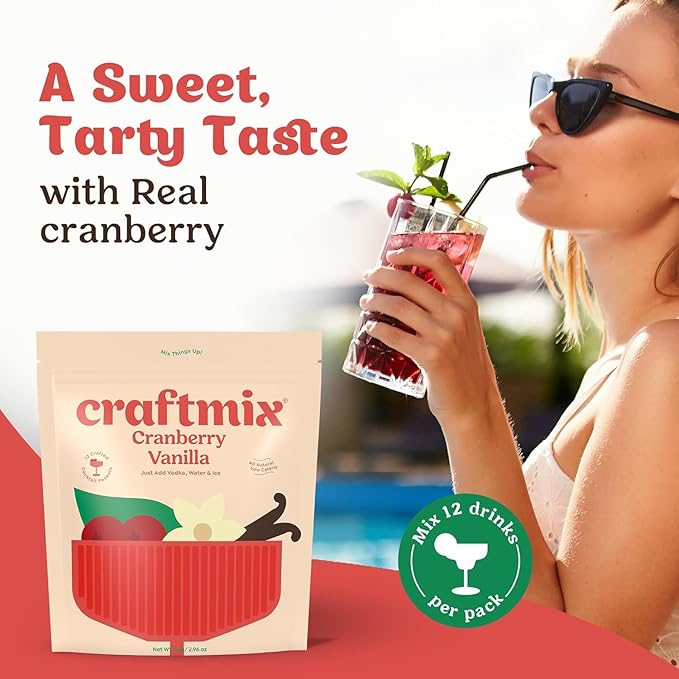 Craftmix Cranberry Vanilla Cocktail & Mocktail Drink Mixer, Skinny Mixes - Water Flavoring Packets - Made With Real Fruit - Vegan, Low-Carb, Low-Sugar, Non-GMO, Dairy Free, Gluten Free, 12 Pack