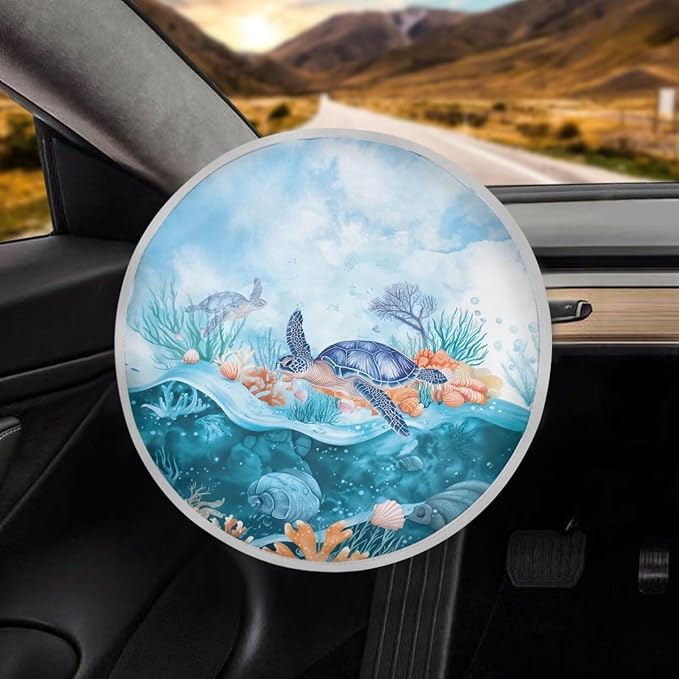 Sea Turtle Shell Coral Pattern Steering Wheel Sun Shade Steering Wheel Sunblock Cover Vehicle Steering Wheel Protector Block UV Rays Interior Accessories for Truck Van Car SUV