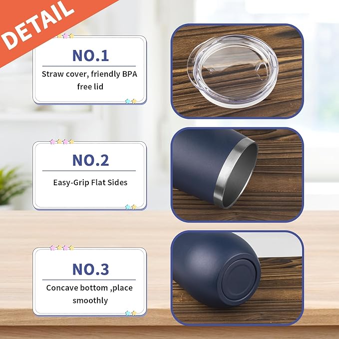 StarSpeed 12oz/12 Pack Wine Tumbler with lid, Stainless Steel Travel Mugs Stemless Double Wall Insulated Coffee Cup, Insulated Wine Glasses Travel Tumbler for Cold & Hot Drinks(Navy Blue, 12)