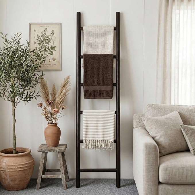 Wooden Blanket Ladder - 76in Natural Wood Color- Leaning Wall Decor for Bedroom, Bathroom, Living Room - Rustic Quilt Holder (Dark Walnut, 76in | Knock Down)