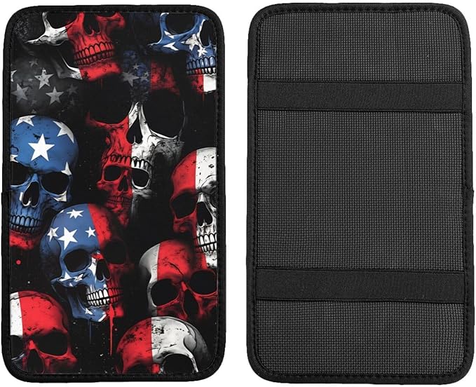 Universal Car Center Console Cushion Pad, American Flag Skull Soft Waterproof Car Center Console Cover Auto Armrest Seat Box Cover Protector for Most Vehicle SUV Truck Car