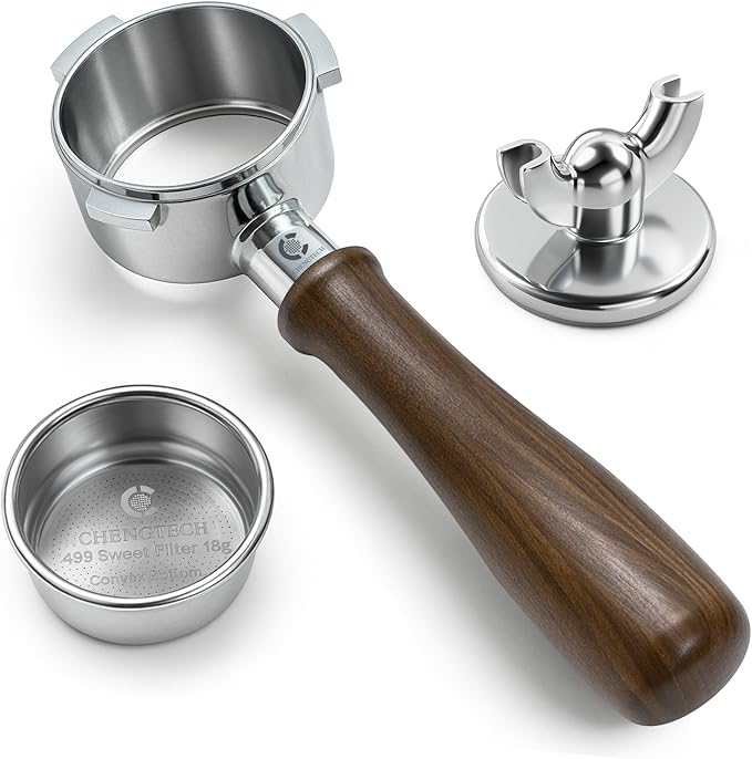 Espresso Accessories, 54mm Bottomless Portafilter with Detachable Double Spout, 18g Convex Filter Basket, 3-Ear Design, Walnut Wood Handle, Compatible with Breville 54mm Espresso Machines