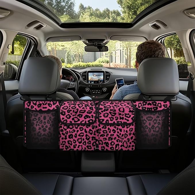 SEANATIVE Pink Leopard Car Trunk Organizer, Auto Waterproof Sturdy Backseat Hanging Large Storage Collapsible Cargo Bag with Anti-Slip Adjustable Strip Vehicle Interior Accessories