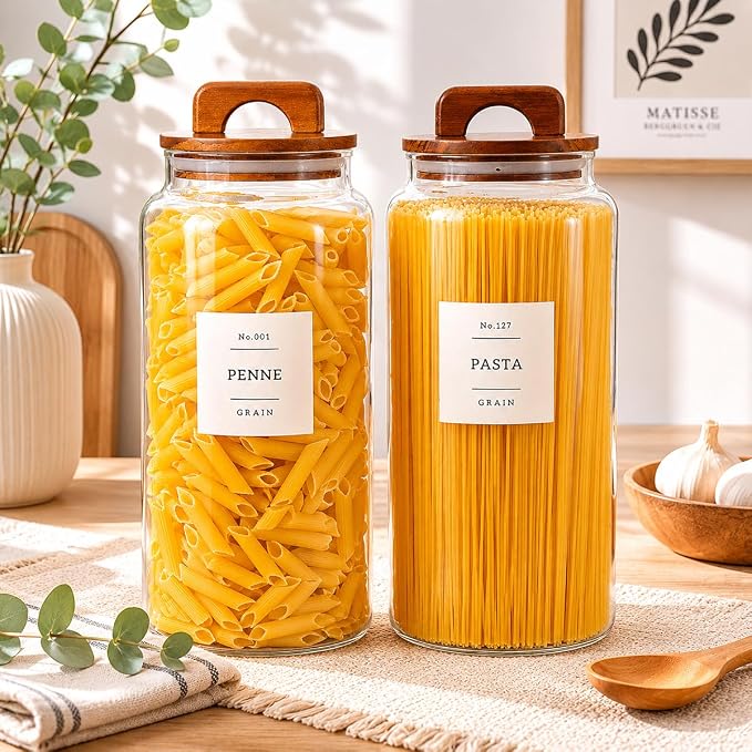 2 Pack Large Glass Flour and Sugar Containers with 132 Pantry Labels - 105 FL OZ Glass Canisters with Bamboo Airtight Lids - Farmhouse Kitchen Glass Pantry Jars for Cookie, Rice, Pasta, Cereal, Salt