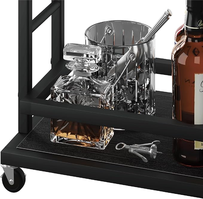 4 Tier Bar Cart with Wheels, Home Bar Serving Cart, Rolling Mini Wine Cart with Wine Rack and Glass Holder, Drink Cart for Dining Room, Living Room, Kitchen, Bar and Outdoor Black
