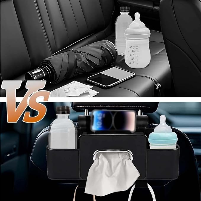 3-in-1 Car Backseat Organizer, 2026 Upgraded Multifunctional Car Seat Back Storage Box, Backseat Car Organizer with 2 Cup Holders, Tissue Box & Hooks, Universal Car Essentials (Orange)