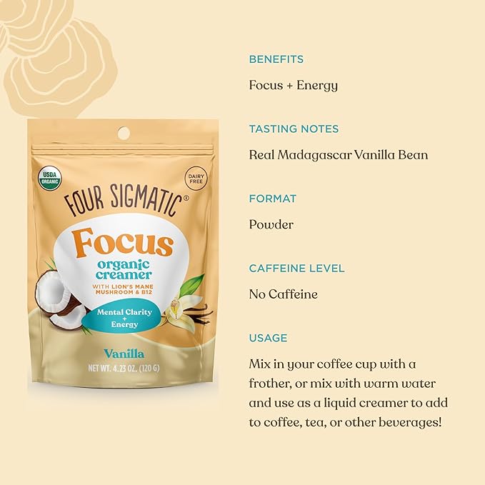 Four Sigmatic Focus Vanilla Coffee Creamer | Organic Non Dairy Coffee Creamer with Lion’s Mane and Vitamin B12 | Vanilla, 4.23 oz