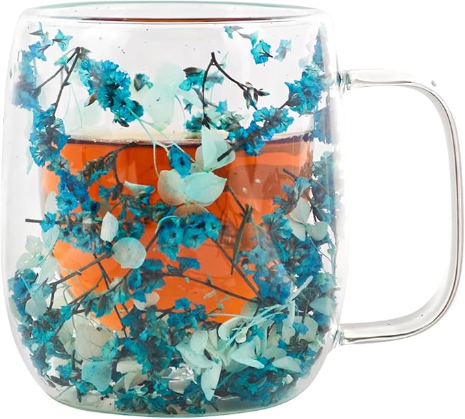 Real Flower Glass Tea Cup, Double Wall Borosilicate Coffee Mug with Preserved Flowers, Clear Aesthetic Floral Glassware, Romantic Gift for Women, Mom, Girlfriend, Mother’s Day & Women’s Day