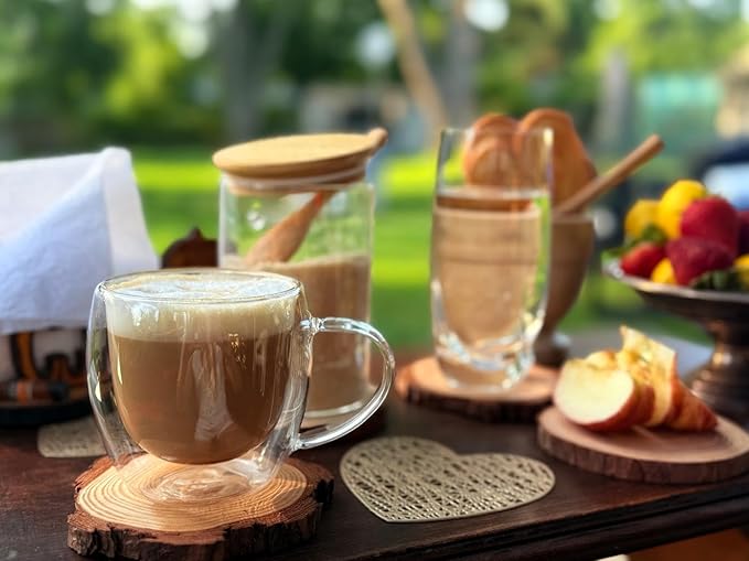 Double Wall Glass Coffee Mugs with Handle, 8.5 oz, Set of 4, espresso coffe cups in your gift box,for latte,tea bags,insulated for hot and cold drinks, Borosilicate Glass