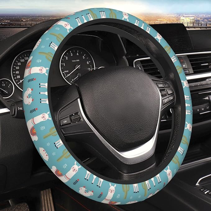 Llama-Print Neoprene Steering Wheel Covers Women Men Car Accessories, Universal 15 Inch Fit Auto, Suvs, Truck