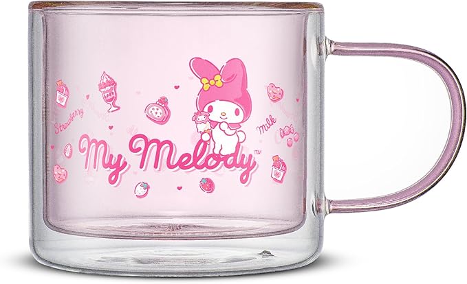 JoyJolt Hello Kitty Double Wall Insulated Coffee Mug ft My Melody, 13.5 oz Glass Cup, Cute Drinking Glassware ideal for Latte, Iced Coffee, or Tea, Kawaii Hello Kitty Merch, Sanrio Accessories