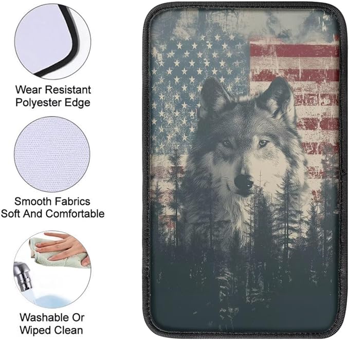 Wolf Forest Print Car Center Console Armrest Cover American Flag Print Armrest Box Protector Cover Universal Fits Truck Sedan SUV, Auto Interior Decor