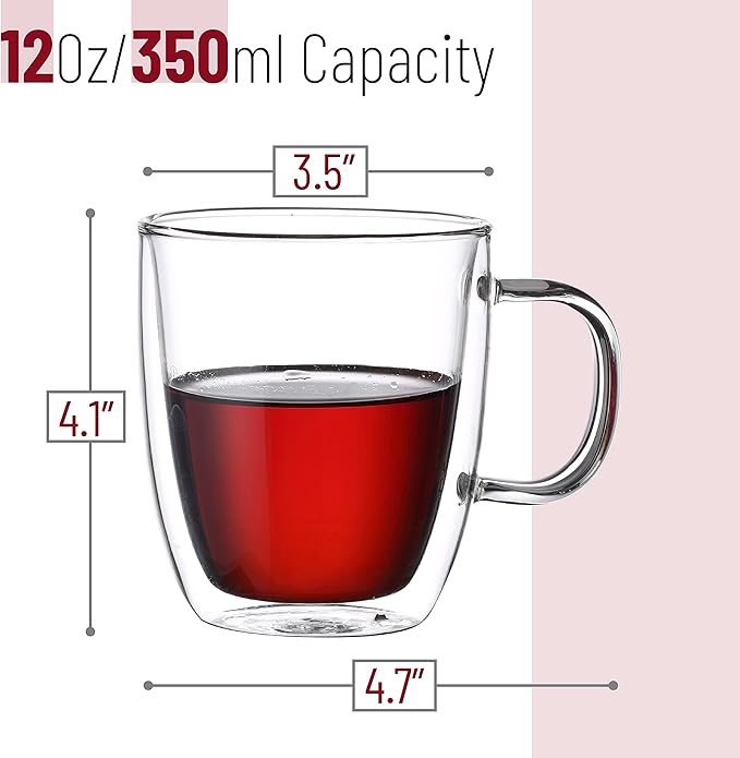 BTaT- Double Walled Glass Coffee Mugs, 12 oz, Set of 4, Glass Coffee Cups with Handle, Insulated Clear Coffee Mug for Hot Beverages, Cappuccino, Latte, Tea, Americano, Microwave & Freezer Safe
