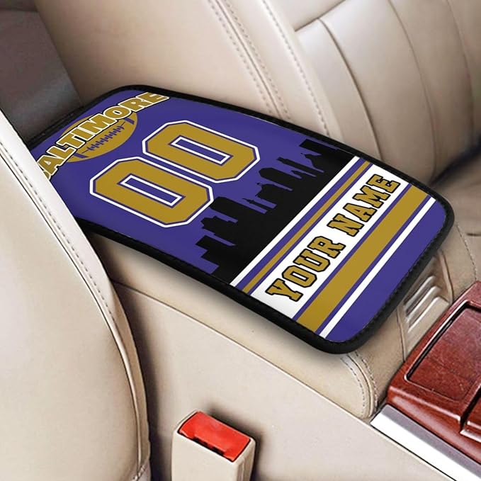 Custom Baltimore Car Armrest Covers Personalized Football Style with Name Number Customized Auto Center Console Pad Car Handrail Box Cushion for Most Vehicle Decor Accessories, Fans Gift