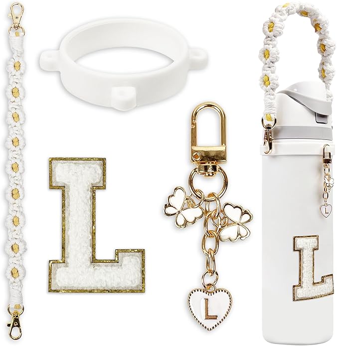 Compatible with Owala Water Bottle Accessories, Cute Letter Charm Set with Boho Handle Strap, Monogram Sticker, Silicone Ring, Keychain Decoration, for FreeSip 24 32 40oz, Owala Kids, Tumbler Gift