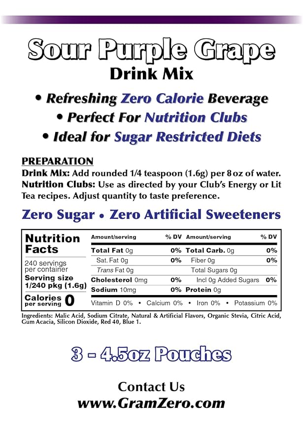 GramZero Sour Purple Grape Zero Calorie Sugar Free Drink Mix, Great For Nutrition Club Loaded Tea, Stevia Sweetened