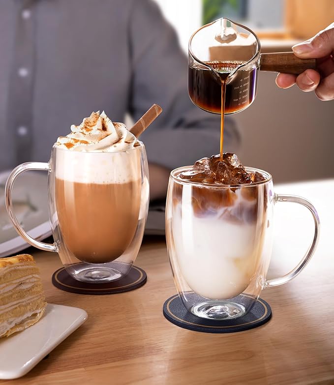 Double Walled Glass Coffee Mugs Set of 2, 12.5OZ Hand Blown Insulated Clear Glass Coffee Cups with Handle,Perfect for Latte,Cappuccino, Espresso, American,Tea Bag, Beverage