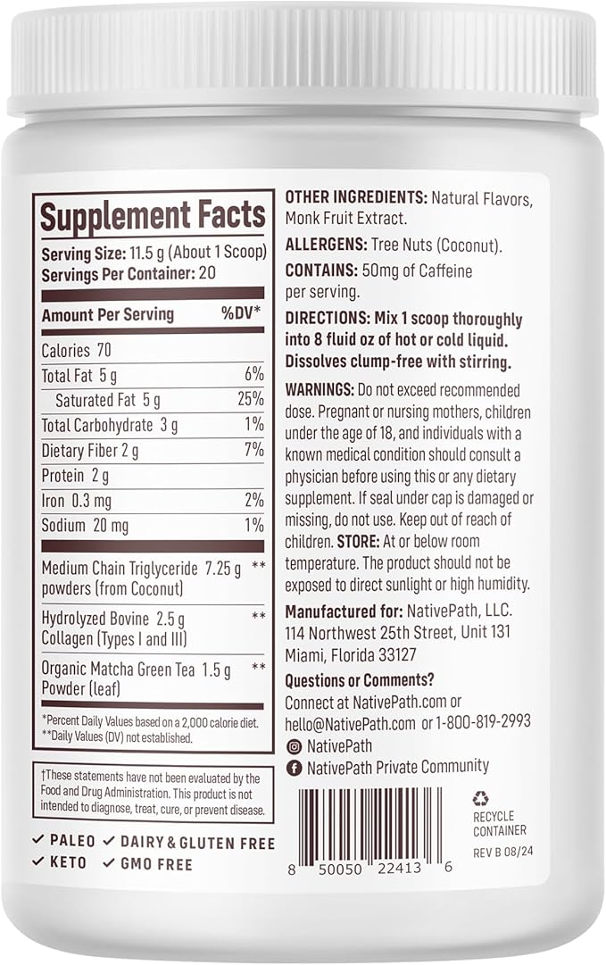 NativePath Matcha Latte Collagen Peptides with MCT Oil - 10g Grass-Fed Collagen & Organic Matcha for Energy & Focus - Keto, No Gluten or Dairy (8.1 oz)