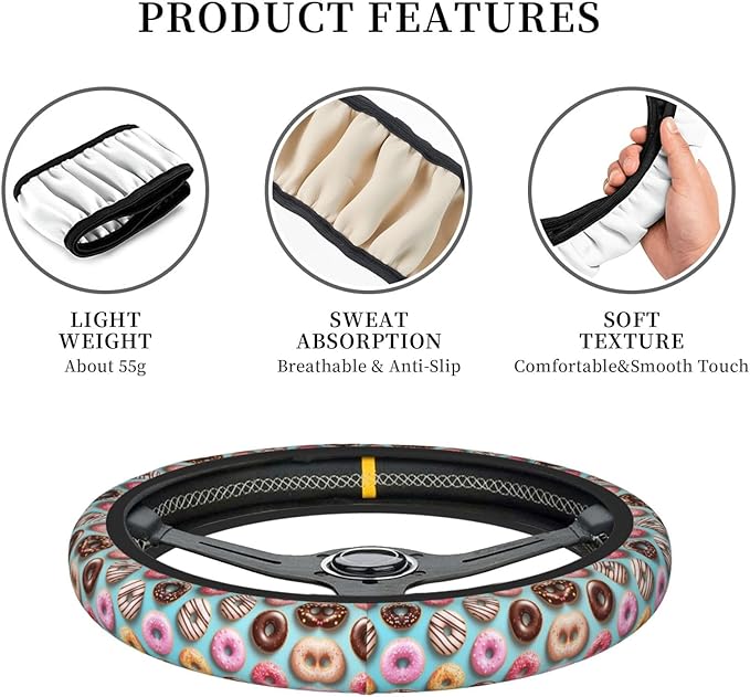Delicious Doughnuts Car Steering Wheel Cover, 15 Inch Steering Wheel Cover Stylish Decor for Most Cars