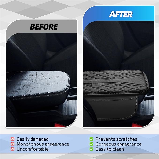 Car Center Console Cover, 11.8"×6.7" Leather Armrest Cover for Cars, Multifunctional Auto Armrest Cushion Pad with Storage Pocket, Universal Arm Rest Protector Car Accessories (Black)