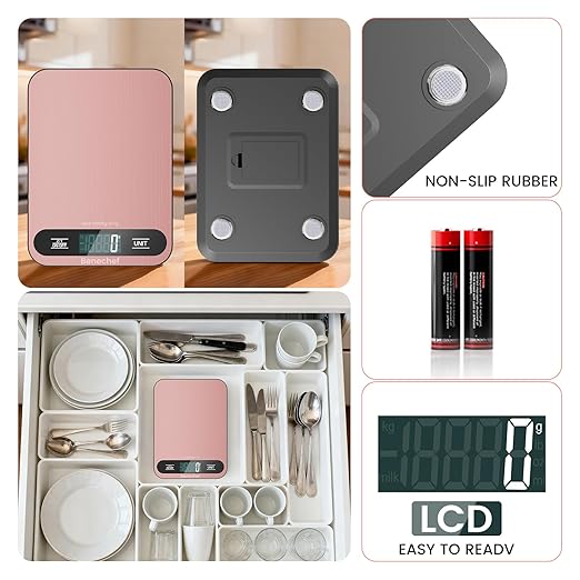 Premium Digital Kitchen Scale, Precision Accurate to 1g, Stainless Steel with LCD Display, 6 Units with Tare Function，Pink - Perfect for Baking, Cooking, and Coffee