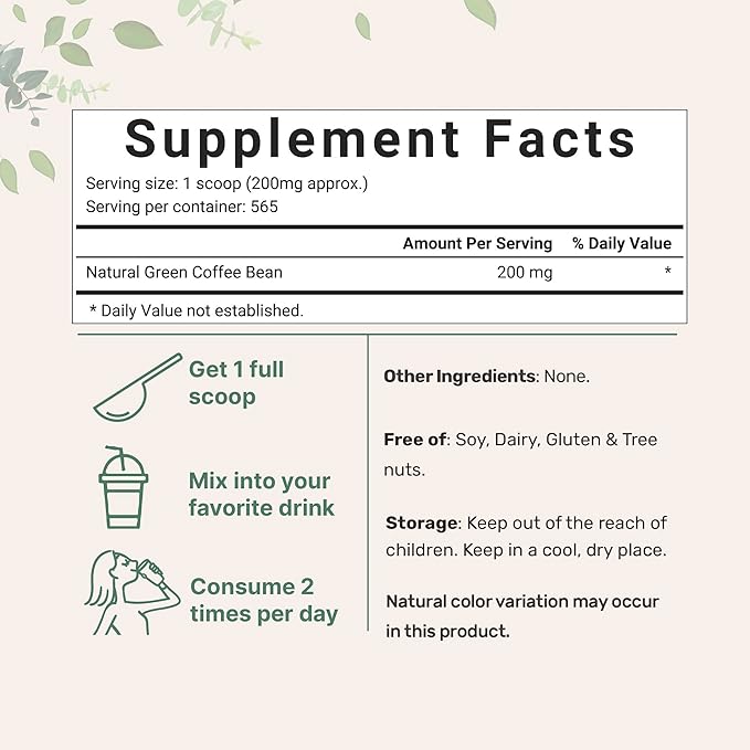 Pure Green Coffee Bean Extract, 4 Ounce | Natural Caffeine, Green Coffee Bean with 50% Chlorogenic Acid | Vegan Friendly, Filler Free