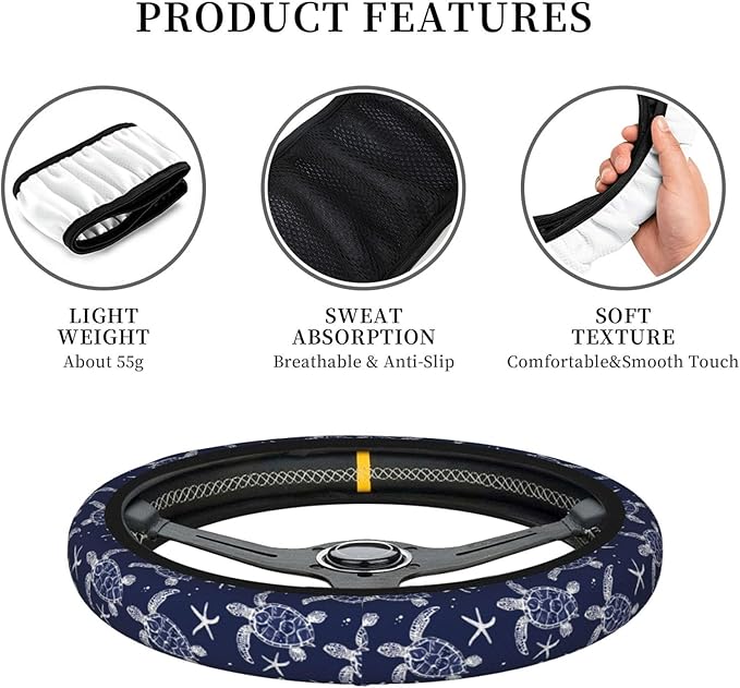 Blue Starfish Turtle Steering Wheel Cover for Women Men Girls, Car Accessories Decor Thickened Anti-Slip Auto Steering Wheel Covers Protector Universal Fit 15 Inch for Cars, Truck, SUV
