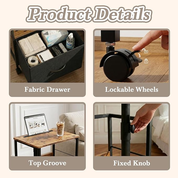 Faesun Swivel Lift Top Nightstand with Charging Station, Rolling Side Table for Recliner, Bedside Table with Wheels & a Fabric Drawer, for Small Spaces, for Bedroom, Living Room, Brown Black
