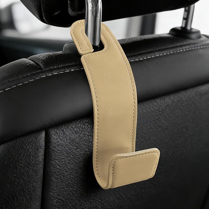 1PCS Purse Holder for Car, Purse Hook for Car, Leather Headrest Hooks for Automotive Back Seat, Auto Accessories Back Seat Organizer Hook for Grocery Bag Handbag Coat (Beige, 1PCS)