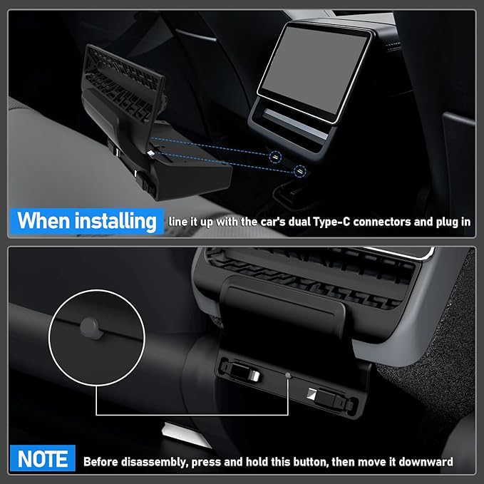 Rear USB Charger Hub for Tesla Model Y Juniper 2025,2026 Accessories- 4-Port Fast Charging Hub with Sliding Cover, Type-C+Lightning Docking Station for Tesla Model 3 Highland 2024-2026