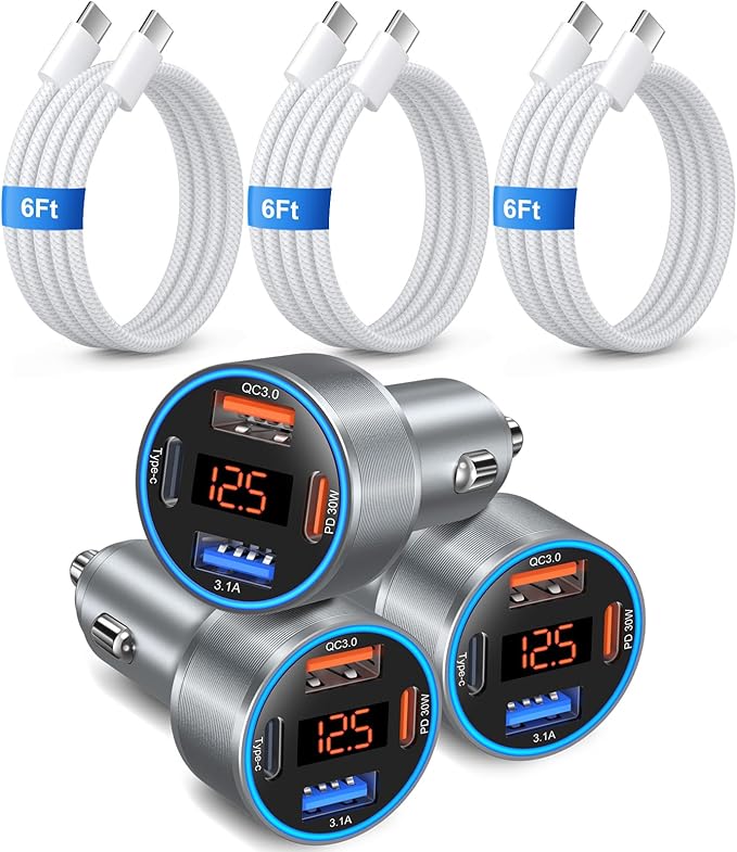 4-Port 65W Fast Car Charger USB C for iPhone 17/16/15/14/13 Pro Max, 3 Pack Dual 12V USB-A&C Car Phone Charger Cigarette Lighter Adapter for Galaxy A16/S25/S24/S23 Ultra+6FT USB-C Cable