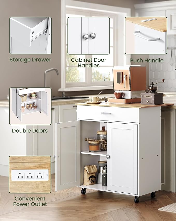 Kitchen Island, Kitchen Island Cart with One Double Cabinet and Drawer, Rolling Storage Cart with Power Strip, with Drop Leaf, for Kitchen, Living Room, White and Natural MZD01UWNN1