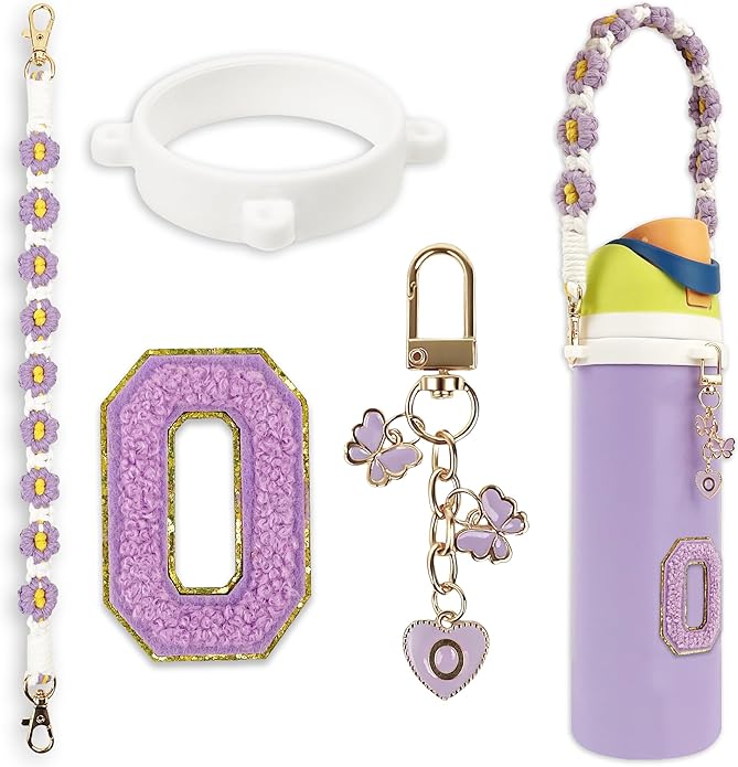 Compatible with Owala Water Bottle Accessories, Cute Letter Charm Set with Boho Handle Strap, Monogram Sticker, Silicone Ring, Keychain Decoration, for FreeSip 24 32 40oz, Owala Kids, Tumbler Gift