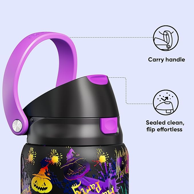 Encool SwiftSip Insulated Stainless Steel Water Bottle with Straw - Leak Proof Sports Water Bottle for School, Travel, Keeps Cold All Day, One-Touch Flip Lid, BPA-Free, 32 oz, Ghost Party