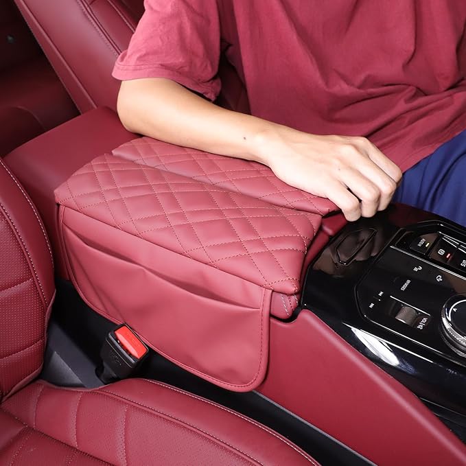 Car Center Console Cover Compatible with BMW 5 Series G60 2024 Sedan,Center Seat Armrest Cover Pad Leather Cushion Anti-Scratch Protector with Side Mobile Phone Storage Pockets 2PCS (Burgundy Color)