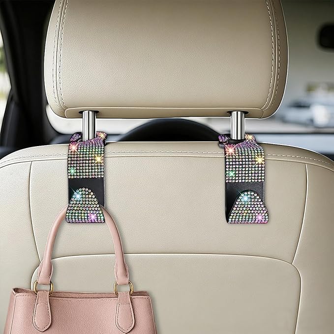 HZEL Bling Car Seat Headrest Hooks, 4PCS Crystal Rhinestone Vehicle Seat Back Hanger Holder for Purses Bag Handbags, Diamond Headrest Storage Organizer, Universal Auto Accessories (AB White)