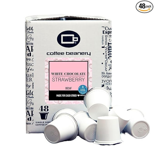 White Chocolate Strawberry Decaf Coffee Pods by Coffee Beanery | 48ct Bulk Medium Roast Arbica Coffee