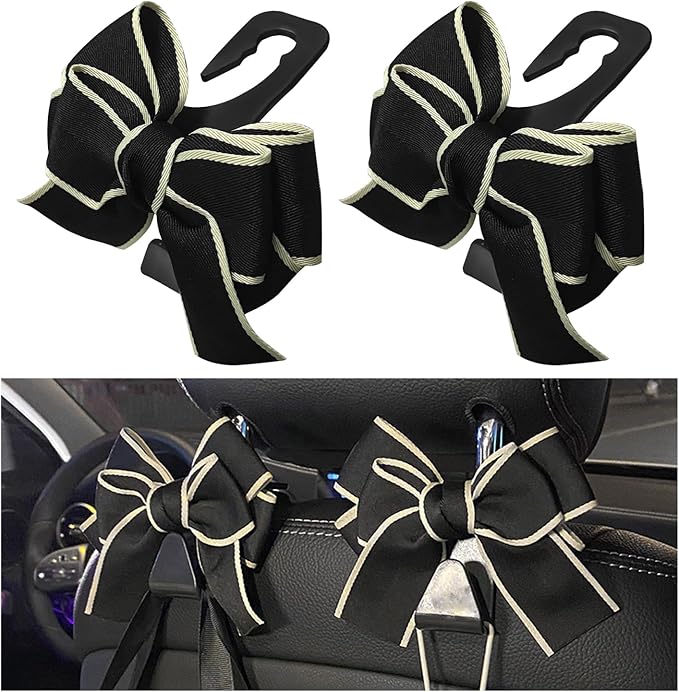 2 PCS Car Seat Headrest Hook, Cute Bow Knot Auto Seatback Hanger Storage Organizer, Vehicle Back Seat Hanging Hooks for Purse Coat Umbrella, Interior Decor Car Accessories (Black)
