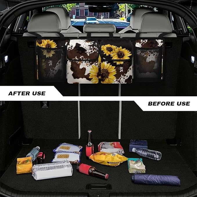 Cow Sunflower Hanging Trunk Organizer for SUV, Car Organizer, Waterproof Back Seat Organizer for SUV, Car Organizers and Storage with Adjustable Straps, Car Storage Organizer