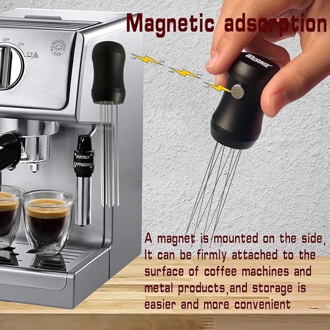 Magnetic Espresso Distribution Tool - Flick WDT Tool with 8x0.4mm Stainless Steel Needles & 3 Extra Replacements, Precision Espresso Distributor for Baristas (Black)